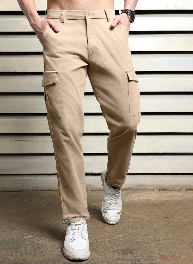 HIGH STAR Men's Taupe Slim Fit Cropped Cargo Trousers - Sleek and Functional  - Image 5