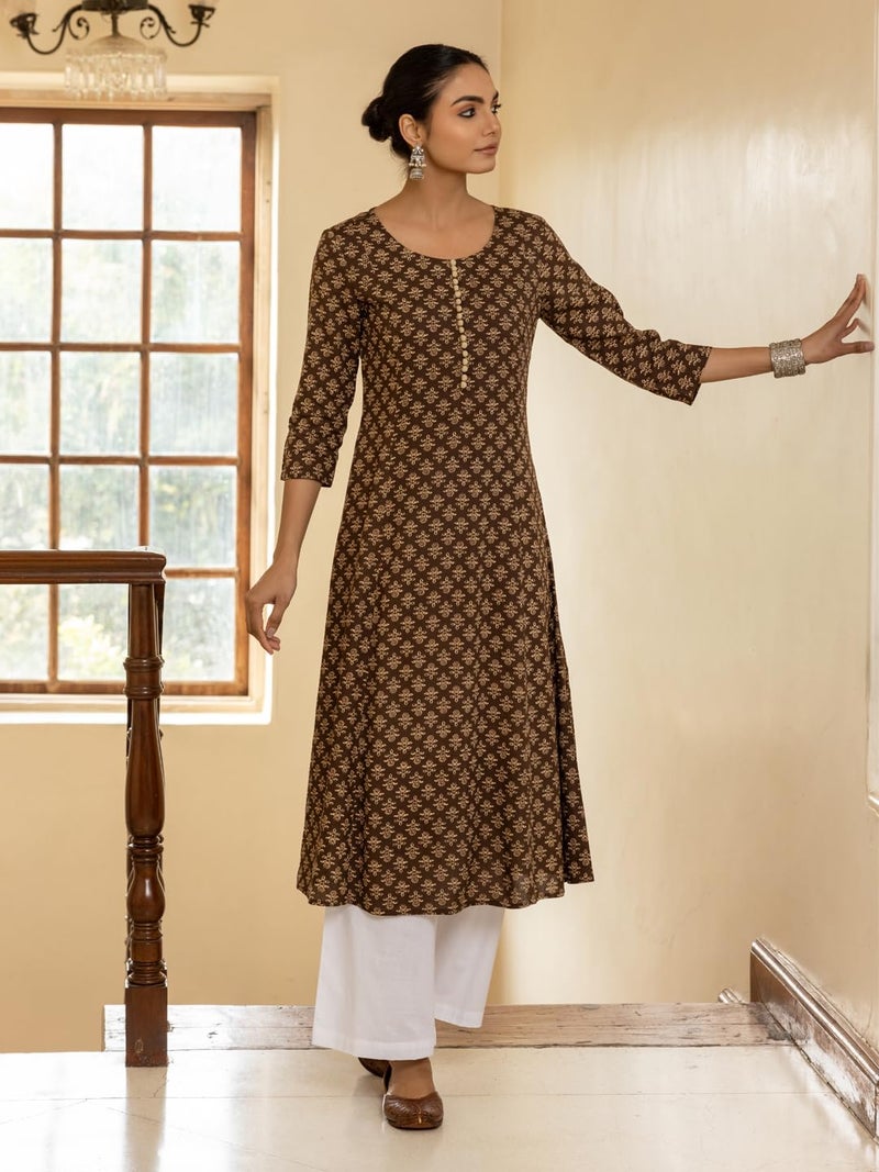 FIORRA Women's Brown Floral Printed Cotton Flared Kurta - Image 2