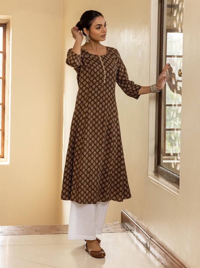 FIORRA Women's Brown Floral Printed Cotton Flared Kurta - Image 4