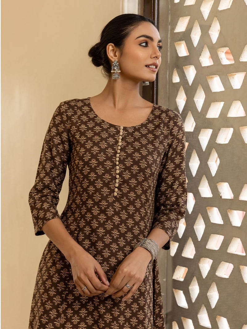 FIORRA Women's Brown Floral Printed Cotton Flared Kurta - Image 5