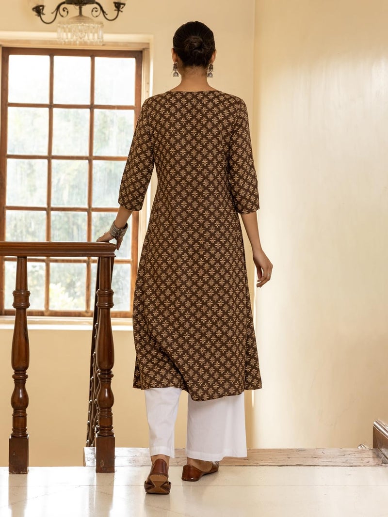 FIORRA Women's Brown Floral Printed Cotton Flared Kurta - Image 3