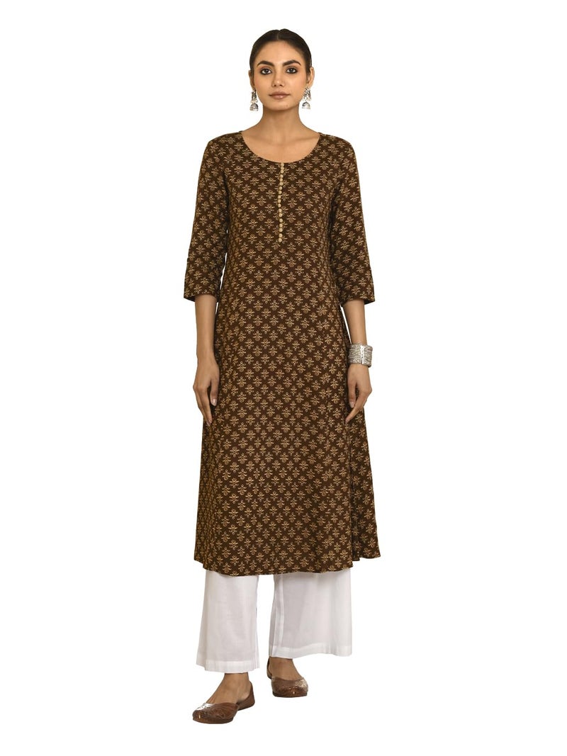 FIORRA Women's Brown Floral Printed Cotton Flared Kurta - Image 1