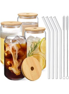 Arabest 4 Pieces Drinking Glasses With Bamboo Lids And Glass Straw Set Can Shaped Glass Cups Beer Glasses Iced Coffee Glasses Dishwasher Safe, For Cocktail Whiskey Gift With 2 Cleaning Brushes  - Image 1