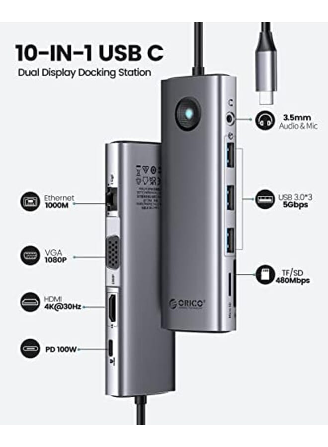 أوريكو محطة إرساء USB C شاشة مزدوجة 10 في 1 محطة إرساء للكمبيوتر المحمول مع Hdmi 4K Vga 3 منفذ USB Pd 100W Sd وTf 3.5 ملم صوت جيجابت إيثرنت نوع C محول متعدد المنافذ لنظام التشغيل Windows Mac - Image 2