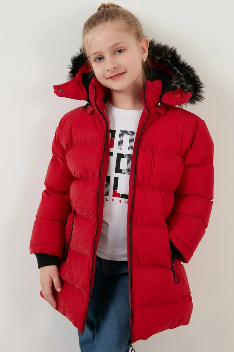 Lela Collar Faux Fur Plush Lined Removable Hooded Slim Cut Winter Coat Girls' COAT 5760002