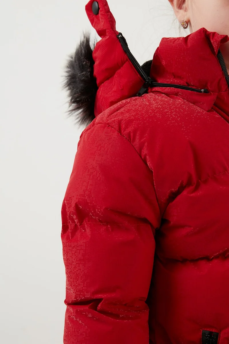 Lela Collar Faux Fur Plush Lined Removable Hooded Slim Cut Winter Coat Girls' COAT 5760002