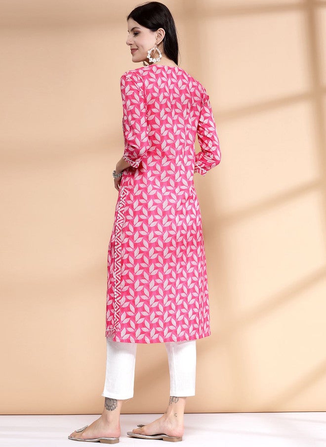 LARGISH Round Neck Floral Printed Gotta Patti Cotton A-Line Kurta in Pink & White - Image 4