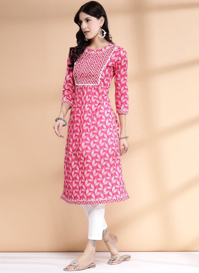 LARGISH Round Neck Floral Printed Gotta Patti Cotton A-Line Kurta in Pink & White - Image 3