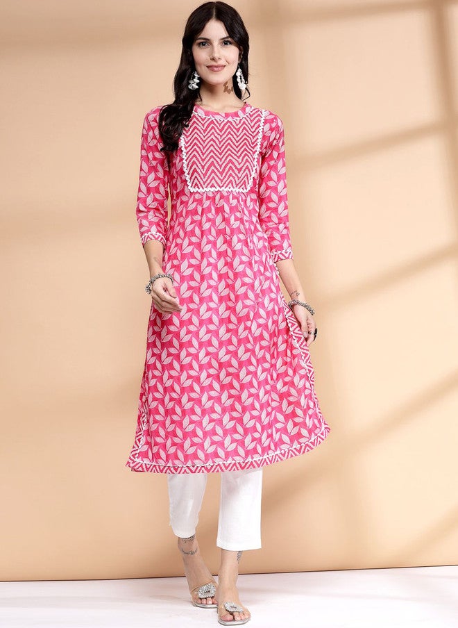 LARGISH Round Neck Floral Printed Gotta Patti Cotton A-Line Kurta in Pink & White - Image 1