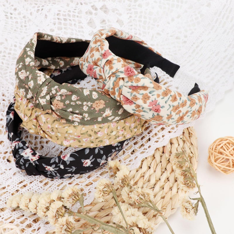 DRESHOW Headbands for Women and Girls Flower Printed Knotted Plastic Head Band Fashion Boho Wide Hairbands Non Slip Hair Accessories 4 Pcs - Image 3