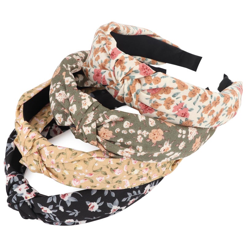 DRESHOW Headbands for Women and Girls Flower Printed Knotted Plastic Head Band Fashion Boho Wide Hairbands Non Slip Hair Accessories 4 Pcs - Image 1