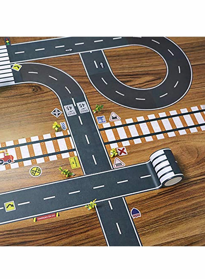 SOLARAE Road Tape for Toy Car & Trains,3 Tape Rolls, Bonus 160 Traffic Sign Die Cut Stickers, 4 Road Tight Curves and 4 Trains Tight Curves, Develop Your Kids Imagination and Memory, Play and Learn - Image 4