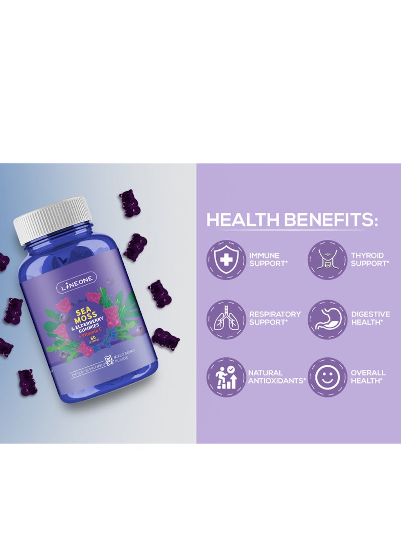 LINE ONE - Sea Moss Gummies With Elderberry, Vitamin C & Zinc,Natural Irish Sea Moss - Vegan - Thyroid, Healthy Skin, Keto Detox, Gut, Joint Support Alkaline Supplements 60 Gummies - Image 1