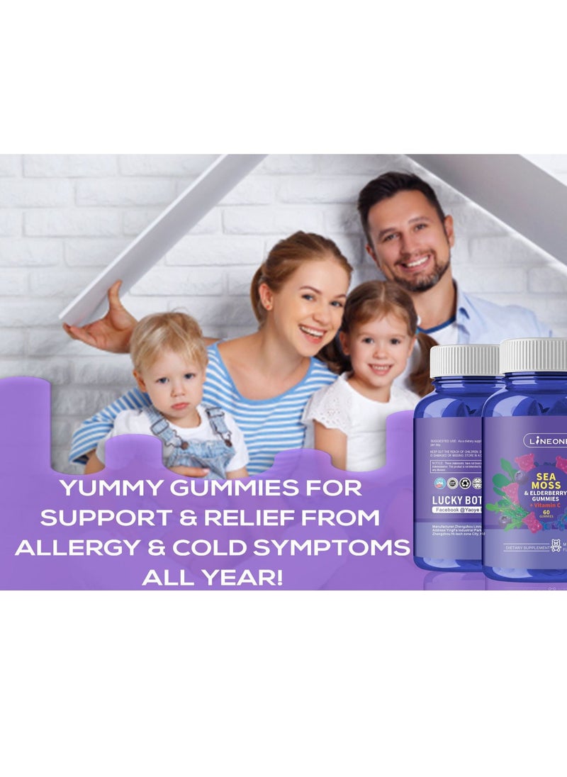 LINE ONE - Sea Moss Gummies With Elderberry, Vitamin C & Zinc,Natural Irish Sea Moss - Vegan - Thyroid, Healthy Skin, Keto Detox, Gut, Joint Support Alkaline Supplements 60 Gummies - Image 1