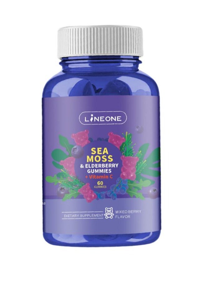 LINE ONE - Sea Moss Gummies With Elderberry, Vitamin C & Zinc,Natural Irish Sea Moss - Vegan - Thyroid, Healthy Skin, Keto Detox, Gut, Joint Support Alkaline Supplements 60 Gummies - Image 1