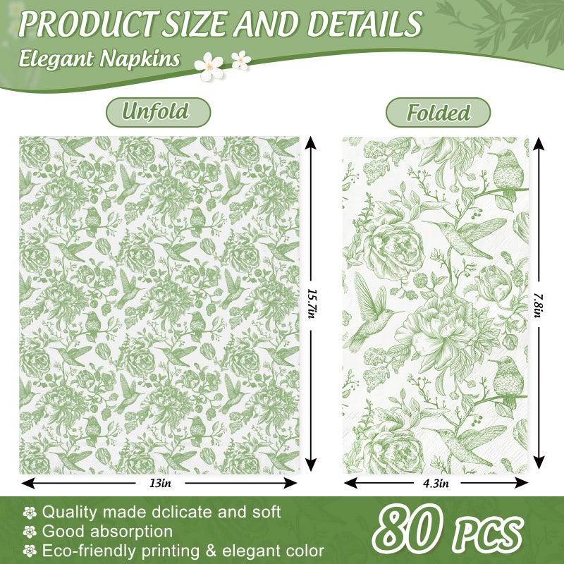 Generic AnyDesign 80Pcs Green Floral Birds Paper Guest Napkins Flower Bathroom Napkins Vintage Disposable Hand Towel Napkin for Home Holiday Party Supplies  4.3x7.8inch(folded) - Image 2