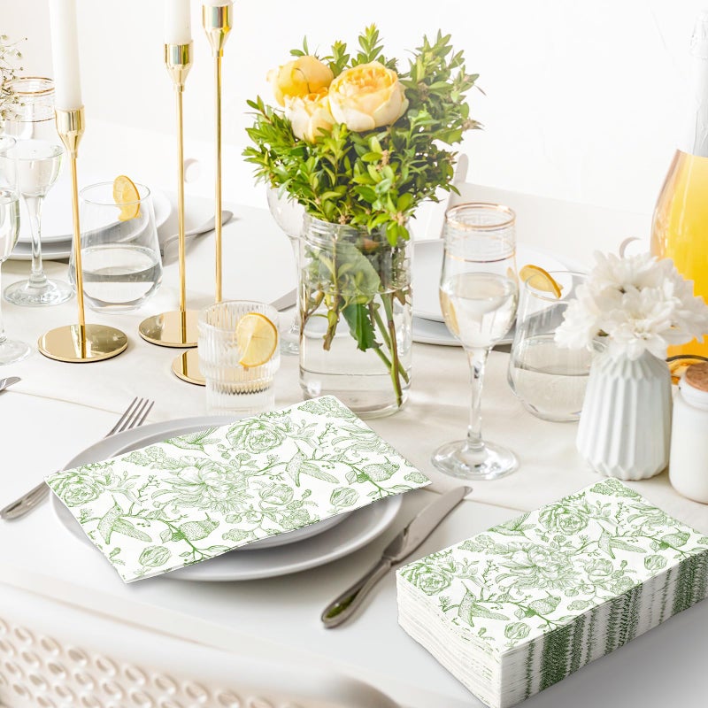 Generic AnyDesign 80Pcs Green Floral Birds Paper Guest Napkins Flower Bathroom Napkins Vintage Disposable Hand Towel Napkin for Home Holiday Party Supplies  4.3x7.8inch(folded) - Image 5
