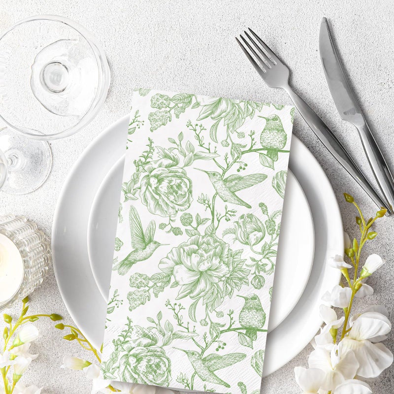 Generic AnyDesign 80Pcs Green Floral Birds Paper Guest Napkins Flower Bathroom Napkins Vintage Disposable Hand Towel Napkin for Home Holiday Party Supplies  4.3x7.8inch(folded) - Image 3
