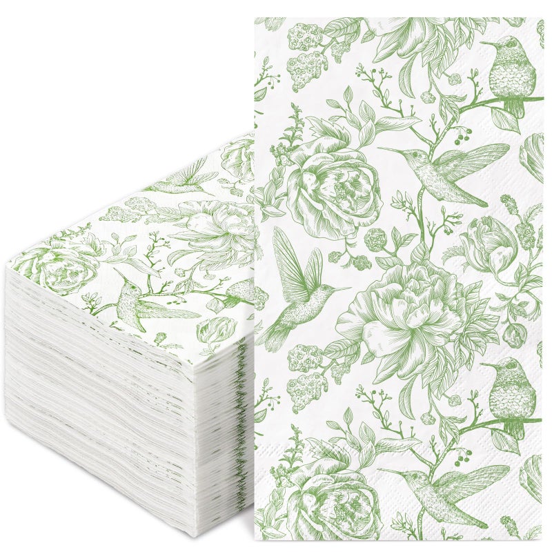 Generic AnyDesign 80Pcs Green Floral Birds Paper Guest Napkins Flower Bathroom Napkins Vintage Disposable Hand Towel Napkin for Home Holiday Party Supplies  4.3x7.8inch(folded) - Image 1