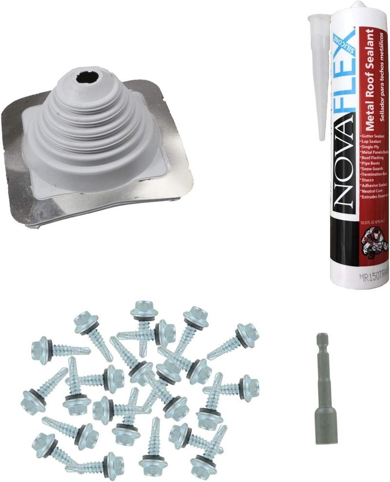 Fasteners Plus Store #2 Square EPDM Metal Roof Pipe Flashing Boot Kit - Fits 7/8" - 4" Pipe OD - Includes Flashing, NovaFlex Sealant & Roofing Stitch Screws - Gray (Made in USA) - Image 1