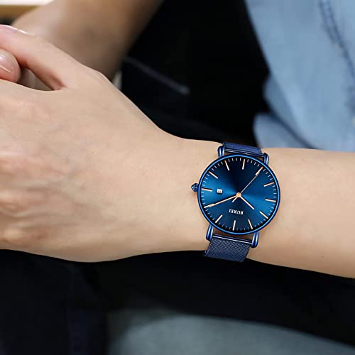 BUREI Men's Fashion Minimalist Wrist Watch Waterproof Watches Simple Ultra Thin Watches Analog Quartz Date with Stainless Steel Mesh Band（All Blue Watch with Golden Pointer） - Image 5