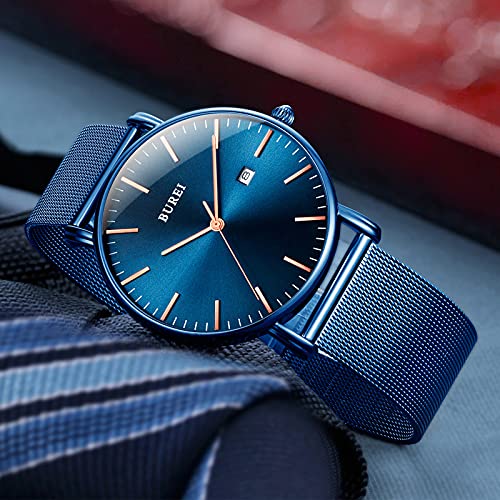 BUREI Men's Fashion Minimalist Wrist Watch Waterproof Watches Simple Ultra Thin Watches Analog Quartz Date with Stainless Steel Mesh Band（All Blue Watch with Golden Pointer） - Image 2