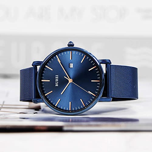 BUREI Men's Fashion Minimalist Wrist Watch Waterproof Watches Simple Ultra Thin Watches Analog Quartz Date with Stainless Steel Mesh Band（All Blue Watch with Golden Pointer） - Image 3