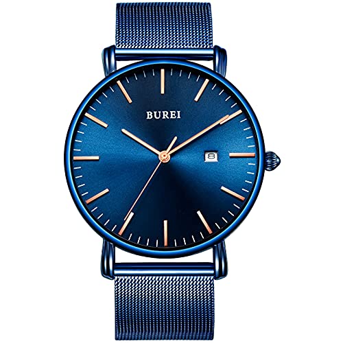 BUREI Men's Fashion Minimalist Wrist Watch Waterproof Watches Simple Ultra Thin Watches Analog Quartz Date with Stainless Steel Mesh Band（All Blue Watch with Golden Pointer） - Image 1