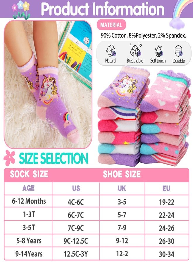 Welwoos Baby Girls Toddlers Grips Socks Kids Non Slip Anti Skid Funny Animal Cartoon Gift Cotton Socks with Grippers 12 Pairs Stocking Stuffers (Rainbow,1-3 Y) - Image 5