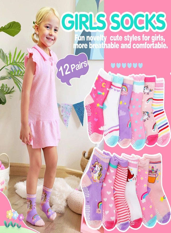Welwoos Baby Girls Toddlers Grips Socks Kids Non Slip Anti Skid Funny Animal Cartoon Gift Cotton Socks with Grippers 12 Pairs Stocking Stuffers (Rainbow,1-3 Y) - Image 2