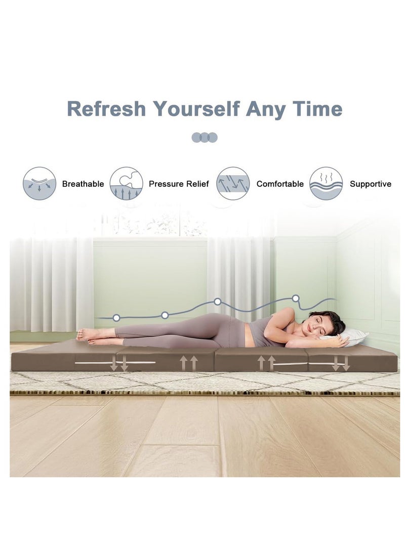 XiuWoo Portable 4-Folding Thick Foam Mattress, Foldable Bed, Guest Beds, Portable Bed, Topper Guest Mat, Sleeping Pad, Floor Nap with Breathable & Washable Cover  - Image 5