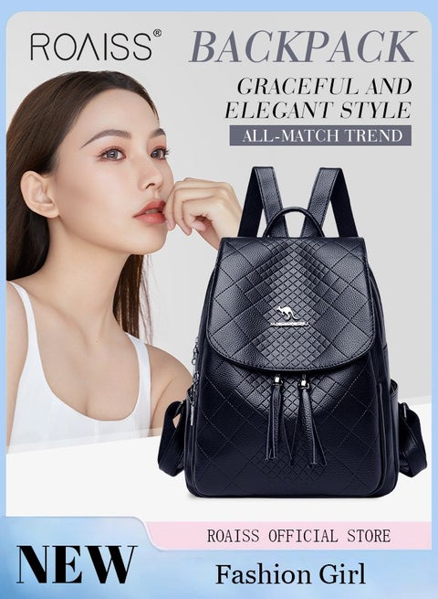 حقيبة ظهر نسائية جديدة من الجلد على شكل شرابة على شكل معين حقيبة ظهر للسفر الترفيهي للطالبات حقيبة مدرسية للنساء وجيوب صغيرة على كلا الجانبين لتخزين معقول حقيبة ظهر خفيفة الوزن ومريحة للاستخدام اليومي
