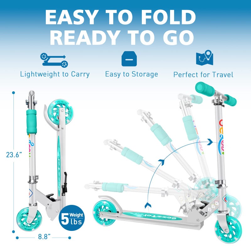 BELEEV سكوتر BELEEV V1 للأطفال، سكوتر قابل للطي بعجلتين للفتيات والفتيان، 3 ارتفاعات قابلة للتعديل، عجلات مضيئة، سكوتر خفيف الوزن مع دعامة للأطفال من عمر 3-12 (أكوا) - Image 4