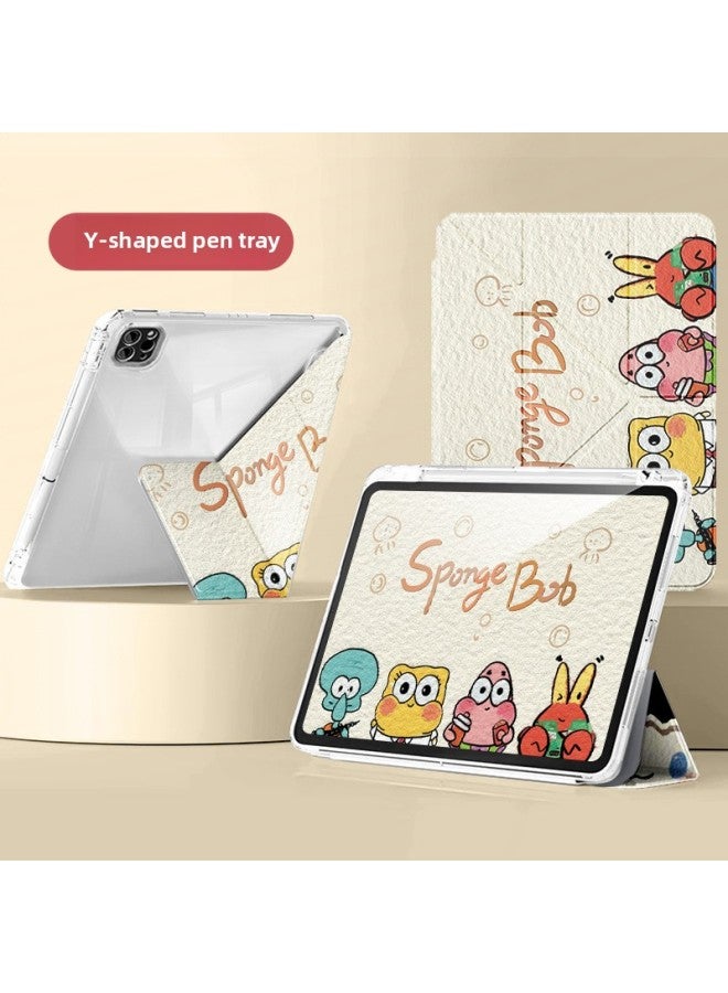 Ipadair6 Protective Cover 2021 For Ipad Protective Case Ipad10/9 Apple 11 Inch With Pen Slot Air5 Through-Color:【y-shaped Acrylic-cute Spongebob Squarepants】-Applicable Models:Ipad Air6( 11inch )