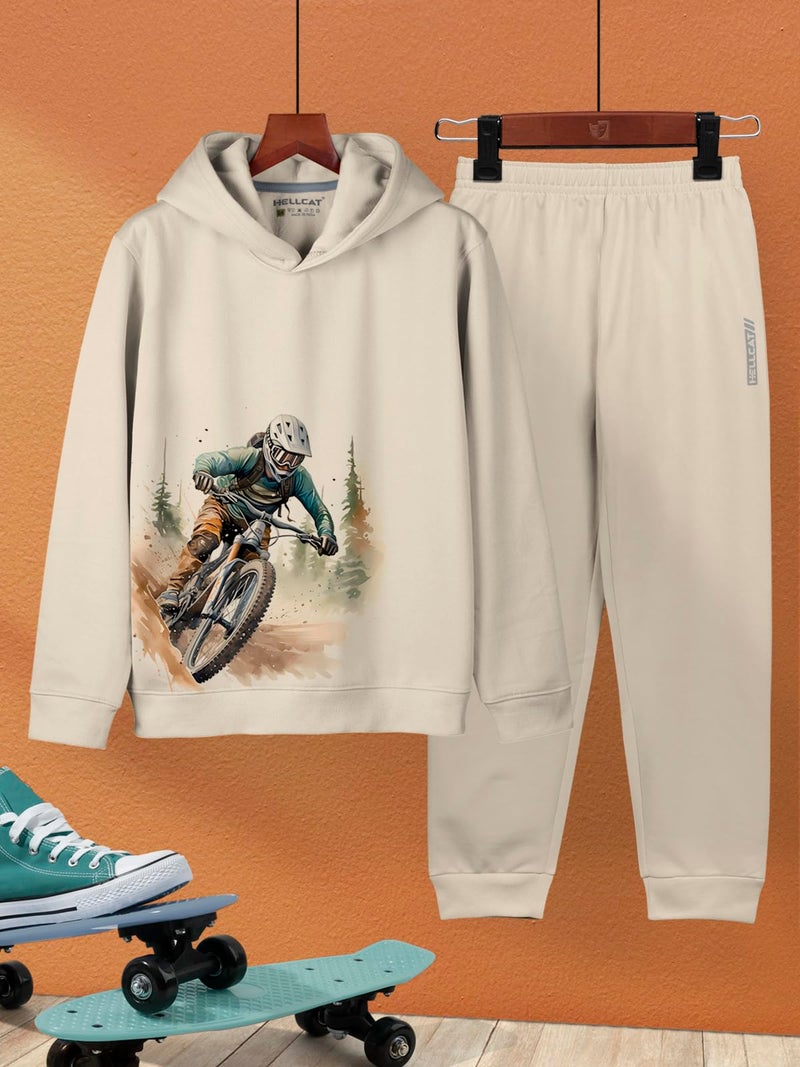 HELLCAT Printed Cotton Blend Hoodie T-Shirt and Jogger Trackpant Clothing Set for Boys_ Beige_3-4 Years - Image 2