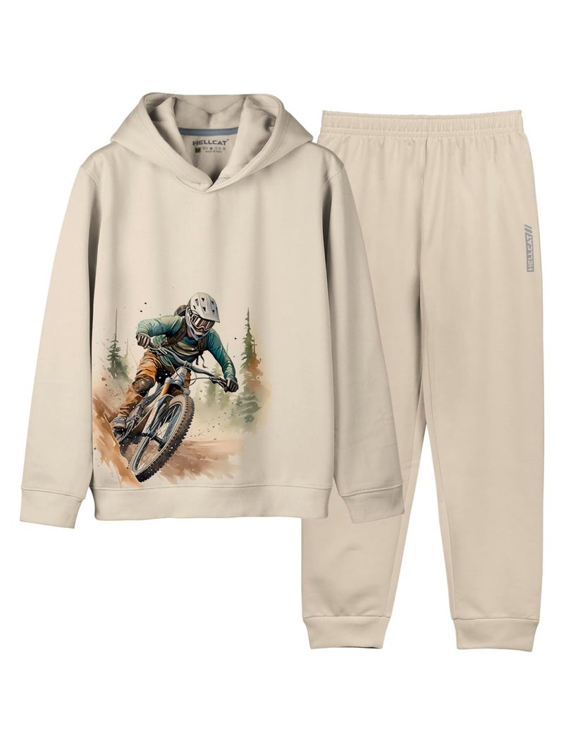 HELLCAT Printed Cotton Blend Hoodie T-Shirt and Jogger Trackpant Clothing Set for Boys_ Beige_3-4 Years - Image 1