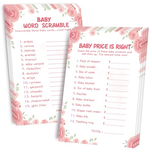 OLOUTAB Baby Shower Games for Girl-2 Games(50 of Each),Baby Shower Word Scramble Game&Price is Right,Double-Sided,Thick Cardboard,Fun,Hilarious,with Answer Keys - Image 1
