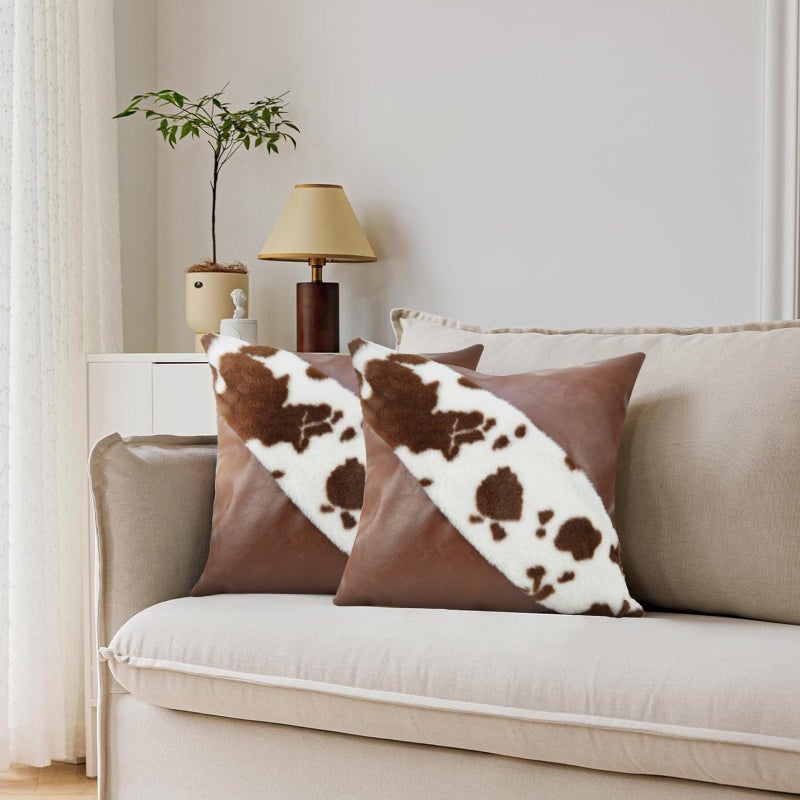 TOMWISH Faux Fur and Artificial Leather Throw Pillow Covers 18x18 Set of 2Western Decor Christmas Decorative Modern Throw Pillows for Bedroom Living Room Sofa Car Cushion CoverWhite and Brown