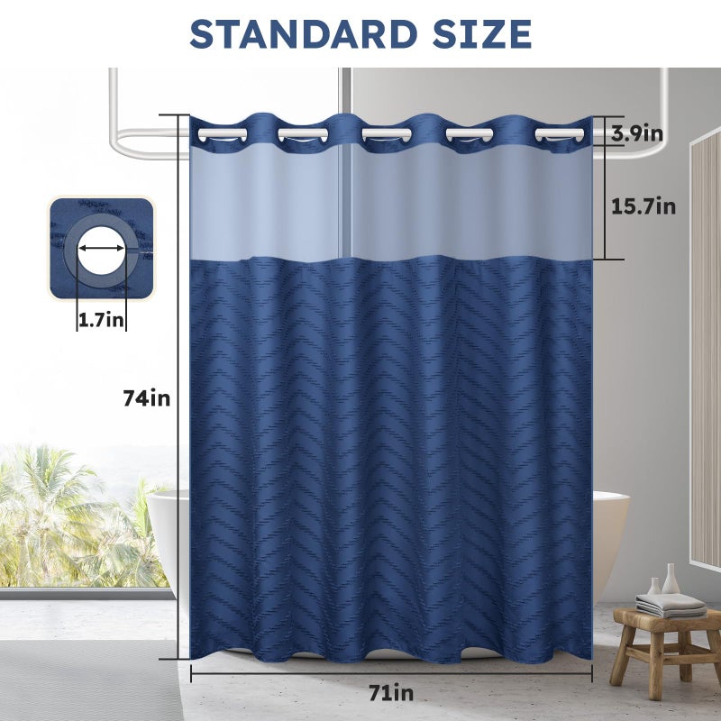 FADOTY No Hook Shower Curtain and Snap in Liner Set Navy Blue Tufted Chevron Striped Cloth Waterproof Washable Fabric Boho Bath Curtain with See Through Mesh Top Window for Bathroom Hotel 71"" x 74"" - Image 5