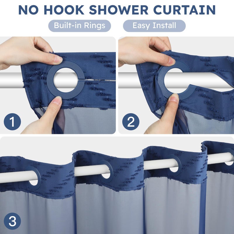 FADOTY No Hook Shower Curtain and Snap in Liner Set Navy Blue Tufted Chevron Striped Cloth Waterproof Washable Fabric Boho Bath Curtain with See Through Mesh Top Window for Bathroom Hotel 71"" x 74"" - Image 2
