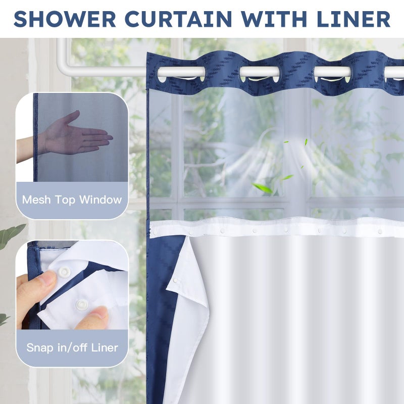 FADOTY No Hook Shower Curtain and Snap in Liner Set Navy Blue Tufted Chevron Striped Cloth Waterproof Washable Fabric Boho Bath Curtain with See Through Mesh Top Window for Bathroom Hotel 71"" x 74"" - Image 3