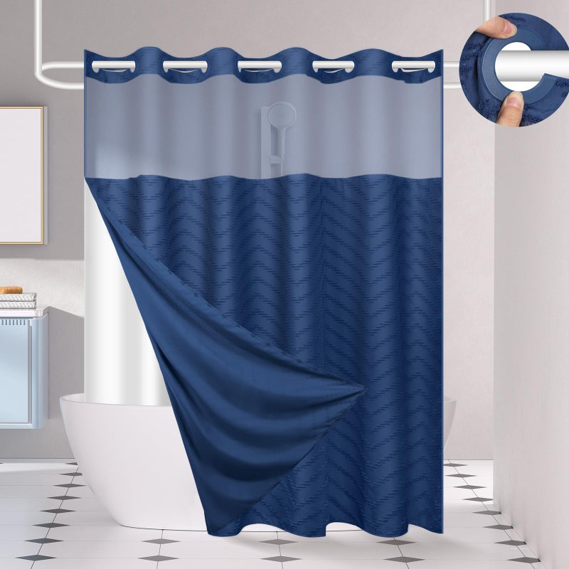 FADOTY No Hook Shower Curtain and Snap in Liner Set Navy Blue Tufted Chevron Striped Cloth Waterproof Washable Fabric Boho Bath Curtain with See Through Mesh Top Window for Bathroom Hotel 71"" x 74"" - Image 1