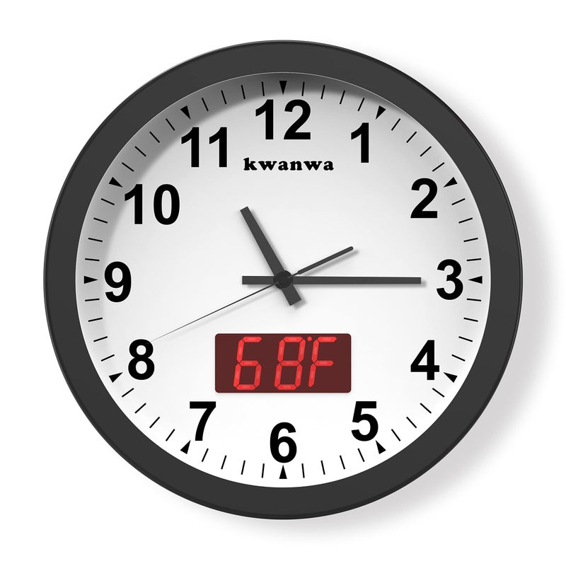 KWANWA Wall Clock Digital Clock 12 Metal Frame Quartz LED Analog Wall Clock Light Sensor Auto 14 LED Time or Temperature Display Battery Powered Adjustable Brightness Silent Quiet Sweep Second Hand - Image 1