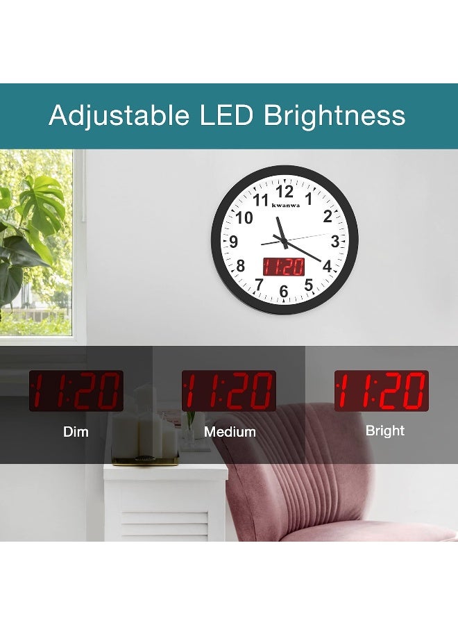 KWANWA Wall Clock Digital Clock 12 Metal Frame Quartz LED Analog Wall Clock Light Sensor Auto 14 LED Time or Temperature Display Battery Powered Adjustable Brightness Silent Quiet Sweep Second Hand - Image 3