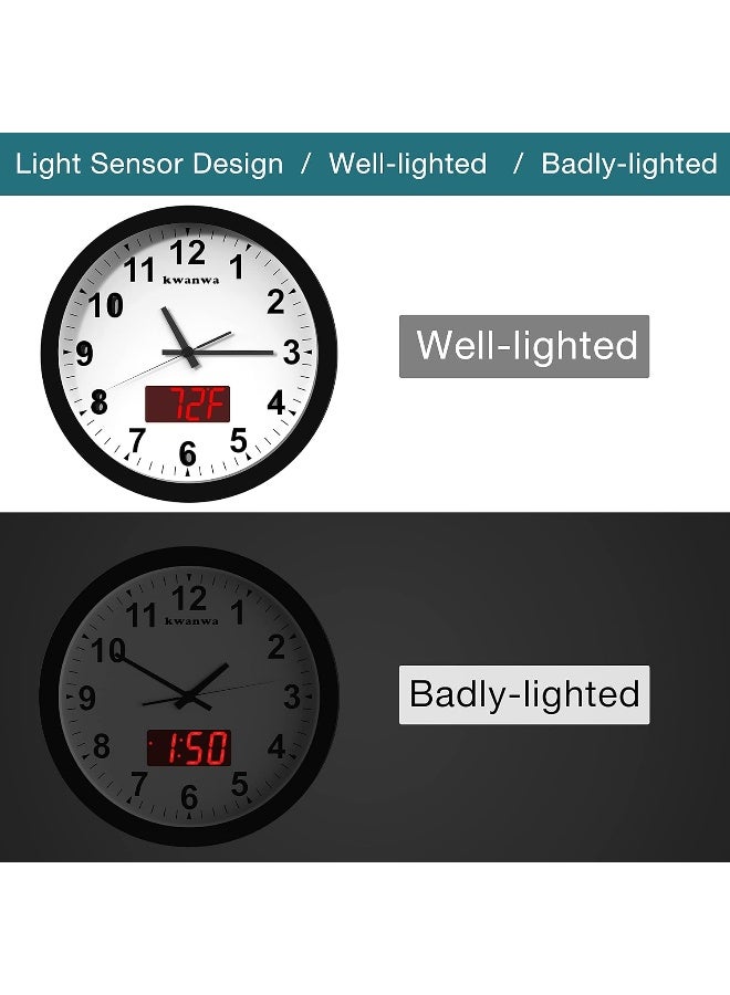 KWANWA Wall Clock Digital Clock 12 Metal Frame Quartz LED Analog Wall Clock Light Sensor Auto 14 LED Time or Temperature Display Battery Powered Adjustable Brightness Silent Quiet Sweep Second Hand - Image 2