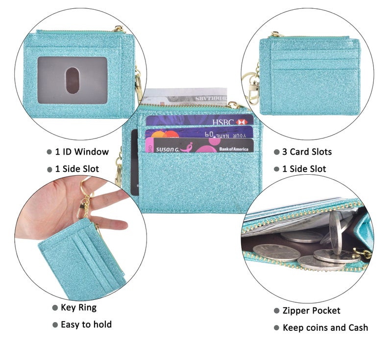 woogwin Slim RFID Credit Card Holder for Women Mini Front Pocket Wallet Purse With Keychain(StarTeal) - Image 4