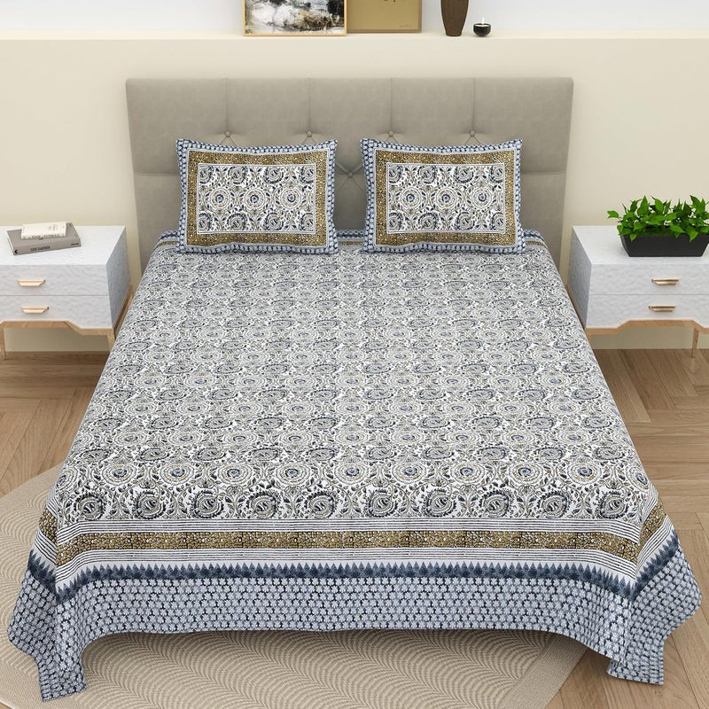 Bella Casa Double King Size Bedsheet Set Cotton with 2 Pillow Covers Floral Design Berry Blue Colour - Ethnic Collection - Image 1
