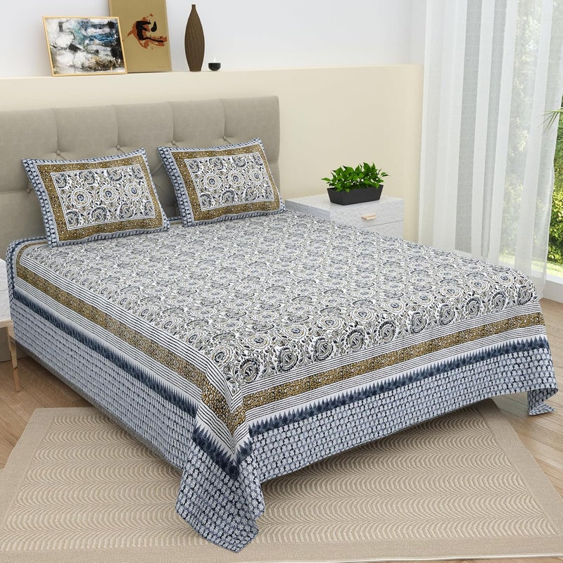Bella Casa Double King Size Bedsheet Set Cotton with 2 Pillow Covers Floral Design Berry Blue Colour - Ethnic Collection - Image 2