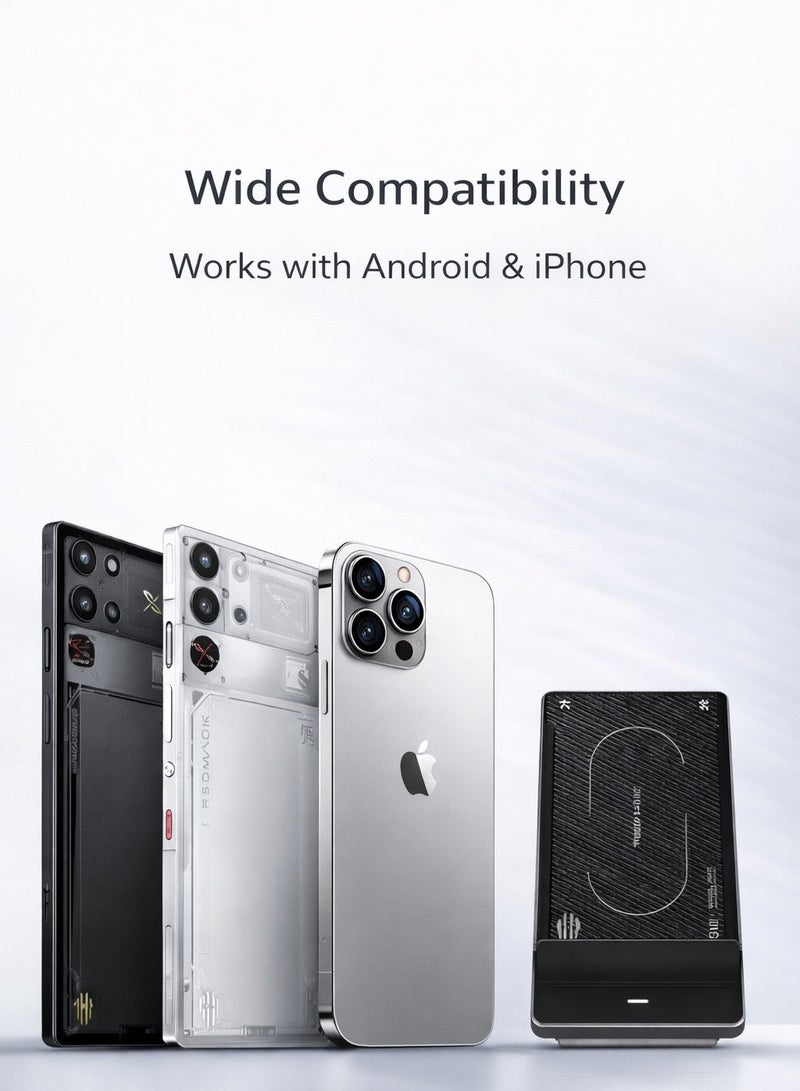 ريد ماجيك شاحن لاسلكي سريع بقدرة ٨٠ واط من ريدماجيك – شحن لاسلكي مبرد بالهواء مع مروحة ٥٠٠٠ دورة في الدقيقة، تصميم مزدوج كقاعدة شحن وحامل هاتف، ملمس ألياف كربون، توافق واسع مع مختلف الأجهزة مثل ايفون ١٧  والسامسونغ ورياجيك ١١ برو بلس ، ويأتي مع محوّل طاقة بقدرة ١٢٠ واط - Image 3