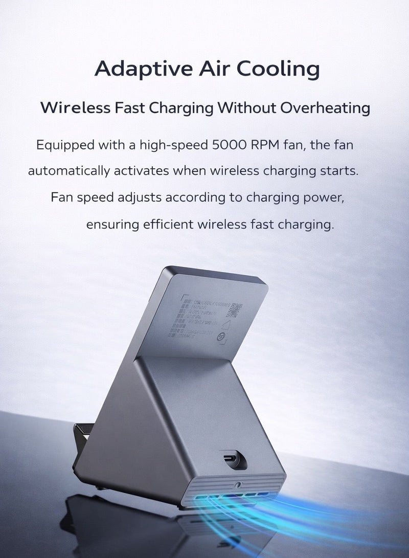 ريد ماجيك شاحن لاسلكي سريع بقدرة ٨٠ واط من ريدماجيك – شحن لاسلكي مبرد بالهواء مع مروحة ٥٠٠٠ دورة في الدقيقة، تصميم مزدوج كقاعدة شحن وحامل هاتف، ملمس ألياف كربون، توافق واسع مع مختلف الأجهزة مثل ايفون ١٧  والسامسونغ ورياجيك ١١ برو بلس ، ويأتي مع محوّل طاقة بقدرة ١٢٠ واط - Image 3